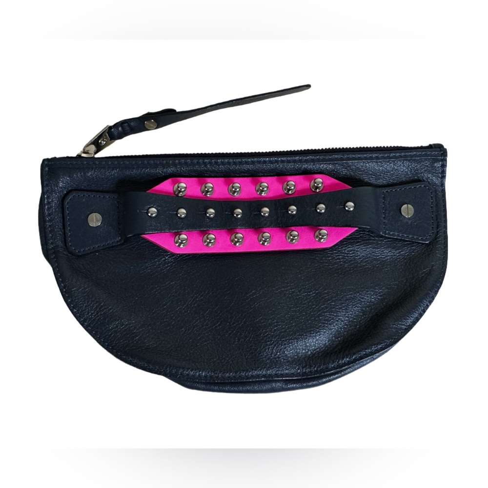 Alexander McQueen Black Leather Wristlet with Hot Pink Stud Detail